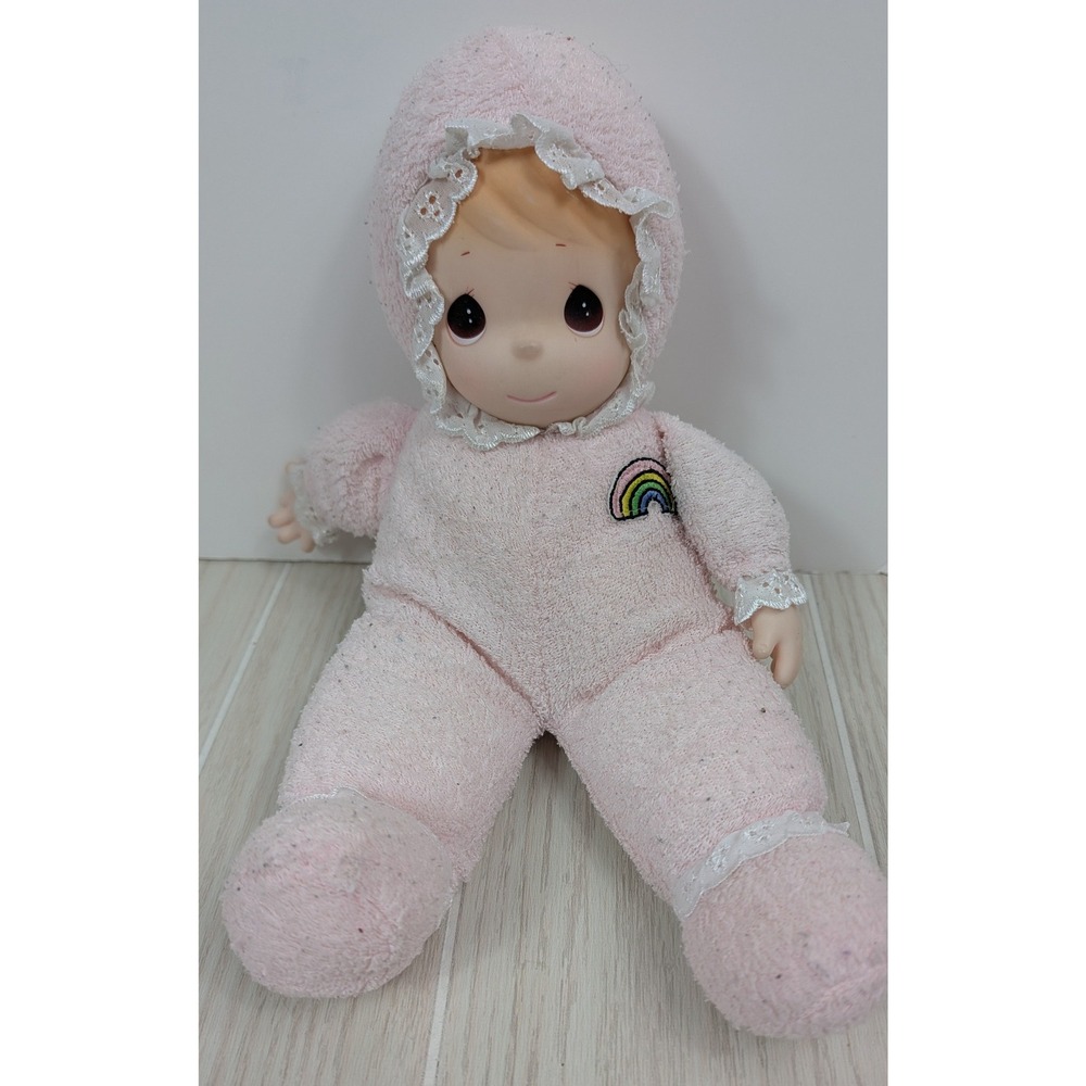 Precious Moments Plush Doll Pink TerryCloth Rainbow Vinyl Face Lace trim vintage
